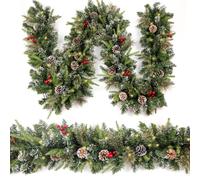 HomeKaren Guirlande de Noël enneigée, Décoration Noel avec 50 lumières, baies rouges et pommes de pin 2,7 m