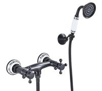 HomeLava Robinet de Baignoire Rétro Noir avec Douchette à main, Mélangeur Douche Mural Nostalgique à deux poignées, Ensemble de Robinets de Douche en Laiton