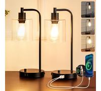 Homelist Lot de 2 lampes de chevet à intensité variable, style rétro industriel avec ports de charge USB, lampe de chevet LED moderne noire, abat-jour en verre pour chambre à coucher, salon, bureau à
