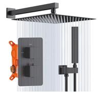 HOMELODY Colonne de Douche Encastrée Noir Thermostatique 38℃ Système de Douche de Tête 12'' Carrée en Laiton et Acier Inoxydable
