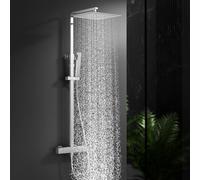 HOMELODY Kit complet de douche avec thermostat chromé - Système de douche en acier inoxydable avec pommeau de douche de 30 x 30 cm - Douche à effet pluie avec robinetterie - Set de douche carré pour