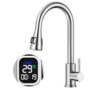 HOMELODY Robinet de cuisine avec affichage de la température, robinet de cuisine extensible, haute pression et écran LED, mitigeur d'évier en acier inoxydable avec 2 types de jet, installation facile