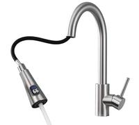 HOMELODY Robinet de cuisine avec affichage de la température, robinet de cuisine extensible, haute pression et écran LED, mitigeur d'évier en acier inoxydable avec 2 types de jet, installation facile