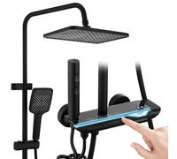 HOMELODY Robinet de douche complet avec étagère en verre - Douche à effet pluie avec robinet et 30 cm - Robinet de douche avec bouton piano, 4 types de jet et douchette à 3 fonctions - Noir