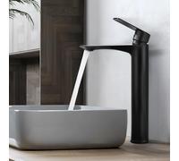 HOMELODY Robinet de salle de bain noir haut - Sans plomb - Rond - Avec bec - Hauteur du bec : 250 mm - Mitigeur monocommande - Pour lavabo