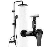 HOMELODY Système de douche avec robinet noir - Douche à effet pluie avec robinet, écran de température LED, douche à effet pluie, rond de 25 cm, pommeau de douche à 3 types de jet, kit complet de