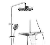 HOMELODY Système de douche avec robinetterie et étagère en verre chromé - Robinet de douche complet avec douchette à main, douche à effet pluie et bec inférieur - Kit de douche pour salle de bain