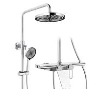 HOMELODY Système de douche avec robinetterie et étagère en verre chromé - Robinet de douche complet avec douchette à main, douche à effet pluie et bec inférieur - Kit de douche pour salle de bain