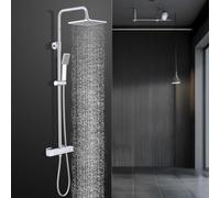 HOMELODY Système de douche avec thermostat chromé - Robinet de douche en acier inoxydable avec robinet avec blocage de sécurité à 38 °C, douchette à main ABS, pommeau de douche, barre de douche