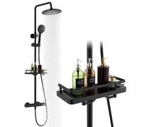 HOMELODY Système de douche avec thermostat et étagère de douche - Kit complet noir avec pommeau de douche à effet pluie rond - 3 types de jet - Douchette à main ABS - Verrouillage de sécurité à 38 °C