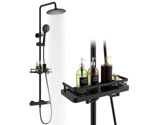 HOMELODY Système de douche avec thermostat et étagère de douche - Kit complet noir avec pommeau de douche à effet pluie rond - 3 types de jet - Douchette à main ABS - Verrouillage de sécurité à 38 °C