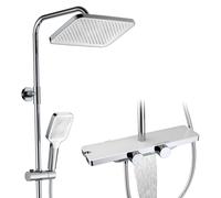 HOMELODY Système de douche avec thermostat et étagère en verre chromé - Robinet de douche complet avec douchette de 30 cm, 3 types de jet et bec inférieur - Kit de douche à effet pluie avec