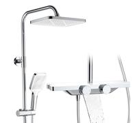 HOMELODY Système de douche avec thermostat et étagère en verre chromé - Robinet de douche complet avec douchette de 30 cm, 3 types de jet et bec inférieur - Kit de douche à effet pluie avec