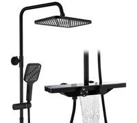 HOMELODY Système de douche avec thermostat et étagère en verre noir - Robinet de douche complet avec douchette de 30 cm, douchette à main, 3 types de jet et bec inférieur - Kit de douche à effet pluie