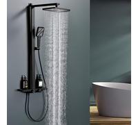 HOMELODY Système de douche avec thermostat et étagère en verre noir - Robinet de douche complet avec douche à effet pluie de 30 x 20 cm et douchette à 3 types de jet - Ensemble de douche avec bec