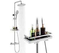 HOMELODY Système de douche avec thermostat et plateau de douche chromé - Kit complet avec pommeau de douche à effet pluie rond, 3 types de jet en ABS, verrouillage de sécurité à 38 °C, douche à effet