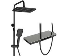 HOMELODY Système de douche avec thermostat noir et étagère en verre - Robinet de douche complet avec pommeau de douche et douchette - Douche à effet pluie avec robinetterie - Pour salle de bain