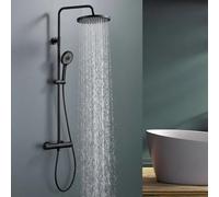 HOMELODY Système de douche avec thermostat noir - Robinet de douche complet avec 3 types de jet - Douchette à main et pommeau de douche de 25 cm - En acier inoxydable - Pour salle de bain moderne