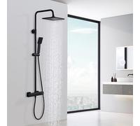 HOMELODY Système de douche avec thermostat noir - Robinet de douche en acier inoxydable - Douche à effet pluie avec robinetterie - Ensemble complet de 2 têtes de douche avec verrouillage de sécurité à