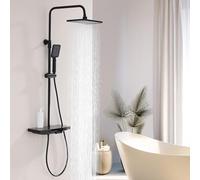 HOMELODY Système de douche avec thermostat, robinet de douche avec étagère en verre, 2 têtes de piano, douche à effet pluie, douche de tête et douchette à main, douche avec robinet, ensemble de douche