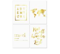 Homelov Lot de 4 affiches haut de gamme | Format A4 - 21 x 30 cm | Papier 100% sans bois & impression d'art de haute qualité | Papier mural & autocollant gratuit | Set Travel Real Gold
