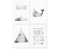 Homelov Lot de 4 affiches haut de gamme | Format A4 - 21 x 30 cm | Papier 100% sans bois & impression d'art de qualité | Papier mural & autocollant gratuit | » Boys Nursery Real Silver Set