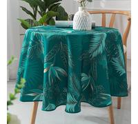 Homemaison - Nappe Ronde Exotique Anti-Taches - 100% Polyester - Imprimée Feuillages Tropicaux - Finition Biais - Douce au Toucher - Ø 160 cm - Bleu Paon
