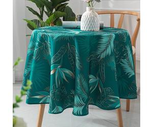 Homemaison - Nappe Ronde Exotique Anti-Taches - 100% Polyester - Imprimée Feuillages Tropicaux - Finition Biais - Douce au Toucher - Ø 160 cm - Bleu Paon