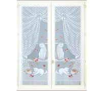 Paire de petits voilages dentelle chatons et franges Bleu 60x120 cm