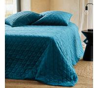 Homemaison QABANE - Couvre-Lit et Taies d'oreiller en Velours Matelassé - Microfibre Polyester - Texture Luxueuse - Rembourrage Ouate - Style Moderne et Chic - 240 x 260 cm - Bleu Paon