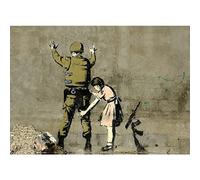 Homemania Tableau Inspirations des Auteurs Banksy Policier et Fille - Décoration Art Home - Mur - Imprimé, Numérique, Dessin - Cadre - Multicolore, Bois, Coton 100 X 70 X 3