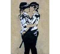 Homemania Tableau Inspirations des Auteurs Banksy Policière Baiser - Décoration Art Home - Mur - Imprimé, Numérique, Dessin - Cadre - Multicolore, Bois, Coton 70 X 100 X 3