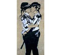 Homemania Tableau Inspirations des Auteurs Banksy Policière Baiser - Décoration Art Home - Mur - Imprimé, Numérique, Dessin - Cadre - Multicolore, Bois, Coton 60 X 120 X 3