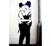 Homemania Tableau Inspirations des Auteurs Banksy Policiers Baiser - Décoration Art Home - Mur - Imprimé, Numérique, Dessin - Cadre - Multicolore, Bois, Coton 50 X 70 X 3