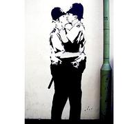 Homemania Tableau Inspirations des Auteurs Banksy Policiers Baiser - Décoration Art Home - Mur - Imprimé, Numérique, Dessin - Cadre - Multicolore, Bois, Coton 70 X 100 X 3