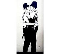 Homemania Tableau Inspirations des Auteurs Banksy Policiers Baiser - Décoration Art Home - Mur - Imprimé, Numérique, Dessin - Cadre - Multicolore, Bois, Coton 60 X 120 X 3
