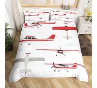 Homemissing Avion Parure de Lit 220x240cm Impression Avion pour Enfants Avions Ensembles de Vol de Housse de Couette Hélicoptère Avion Volant Blanc Rouge Chambre Décor 3Pcs