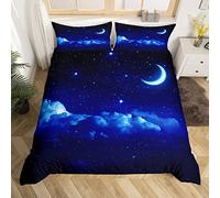 Homemissing Blue Galaxy Sets de Housse de Couette Parure de Lit sur Le Thème de l'espace 200x200cm Ciel Étoilé Lune Housse de Couette pour Enfants Univers Microfibre Décor de Chambre Imprimé
