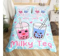 Homemissing Boba Housse de Couette Boba Sets de Housse de Couette Kawaii Bubble Thé Stuffed Parure de Lit 200x200cm pour Cartoon Boba Parure Housse de Couette Fermeture à glissière