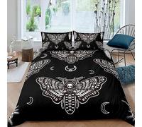 Homemissing Bohemian Moth Housse de Couette 200x200cm Gothique Skull Parure de Lit Chambre décor Bohemian La Lune étoiles Ensemble de literie Moth Crâne Literie Set Blanc Noir Gris