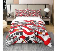 Homemissing Camion de Pompiers 100% Coton Housse de Couette 140x200cm Enfants Voiture Literie Pompier Parure de lit Coton Pompier Voiture Camion de Pompiers Ligne Rouge literie