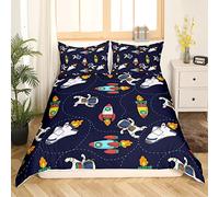 Homemissing Cartoon Astronaut Parure de Lit 220x240cm Fusée Spatiale Parure Housse de Couette Galaxie Cosmonaut Astronaute Housse de Couette Décor de Chambre Cosmos Collection 3Pcs