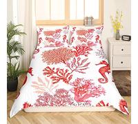 Homemissing Cartoon Ocean Marine Nautique Parure de Lit 200x200cm Corail Seahorse Housse de Couette Sea Créature sous-Marine Parure Housse de Couette Sealife Decor Red Bedroom Collection 3Pcs