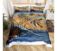 Homemissing Chasse au Canard Housse de Couette Dog Hunter Parure de Lit 200x200cm Flying Duck Sets de Housse de Couette Wildlife Parure Housse de Couette avec 2 taies d'oreillers