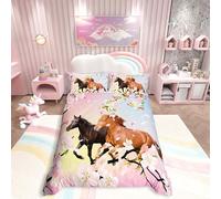Homemissing Cheval Housse de Couette Filles Farmhorse Floral Parure de Lit 200x200cm pour Chambre Cherry Blossom Galoping Horses Decor Sets de Housse de Couette Pink Glitter Wild Animal 3Pcs