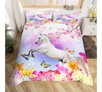 Homemissing Cheval Housse de Couette Filles Rose Fleurs de Cerisier Parure de Lit 220x240cm Cheval Au Galop Parure Housse de Couette Coloré Arc-en-Chambre Décor Girly Violet Jaune Floral Papillons