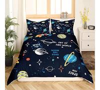 Homemissing Cosmos Housse de Couette Galaxie Parure de Lit 220x240cm pour Enfants Garçons Filles Starry Sky Sets de Housse de Couette Dessin animé Rocket Planet avec 2 taies d'oreiller