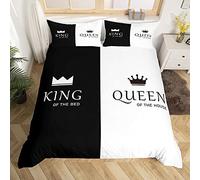 Homemissing Couronne Reine et Roi Parure Housse de Couette His and Hers Couple Assorti Parure de Lit 240x260cm Amant Romantique Saint Valentin Cadeaux Housse de Couette Décor de Chambre Noir et Blanc