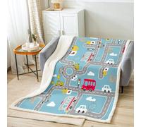 Homemissing Couverture en polaire sherpa avec carte de la ville de dessin animé et circuit de course automobile pour enfants, garçons et filles, motif carte rurale du centre-ville, couverture