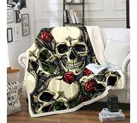 Homemissing Couverture polaire motif tête de mort et roses rouges pour canapé-lit, style gothique effrayant, pour lit double, 152,4 x 200,7 cm